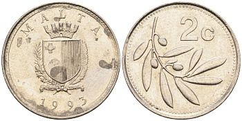 Мальта 2 цента 1993 оливковая ветвь KM 94 медно-никель 112-1052