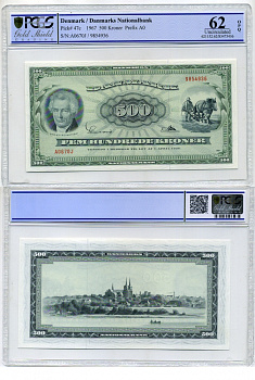 Дания 500 крон 1967 Кристиан Дитлев Фредерик, граф Ревентлоу, в слабе PCGS 62 Uncirculated Pick 47c бумага UNC (пресс) 00-000-00