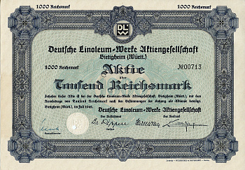 Германия 1000 рейхсмарок 1942 АО Немецкий линолеум-Верке, Битигхайм, акция   бумага   8804-117-1