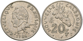 Французская Новая Каледония 20 франков 1986 три быка, (IEOM) KM 12, Schoen 14, Lec 112 никель 4123-423