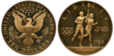США 10 долларов 1984 W, XXIII летние Олимпийские игры в Лос-Анджелесе 1984 года, факелоносцы KM 211 золото PROOF 10-014-47