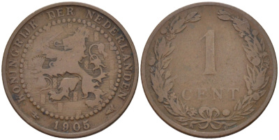 НИДЕРЛАНДЫ 1 ЦЕНТ 1905 ВИЛЬГЕЛЬМИНА (1890-1948) KM 132.1 бронза 100-558