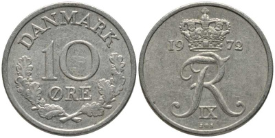 ДАНИЯ 10 ЭРЕ 1972 S; S, ФРЕДЕРИК IX (1947-1972) KM 849.2 медно-никель 116-233
