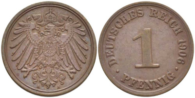 ГЕРМАНИЯ 1 ПФЕННИГ 1906 A KM 10, J. 10, Weege 2 медь 211-342