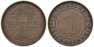 Германия 1 рейхспфенниг 1929 A KM 37, J. 313 бронза 4124-119