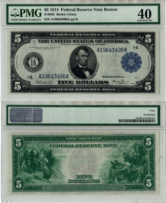 США, Federal Reserve Note 5 долларов 1914 Бостон. В слабе компании PMG. Сохранность - «40». Fr. 845  бумага   452-1-192