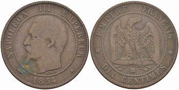 ФРАНЦИЯ 10 САНТИМОВ 1854 BB, НАПОЛЕОН III (1852-1870) KM 771.3, LE FRANC 133.13 бронза 38-922