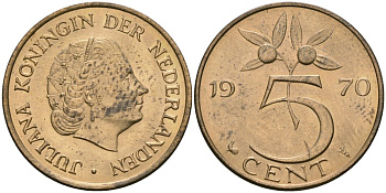 Нидерланды 5 центов 1970 Юлиана (1948-1980) KM 181 бронза 4579-631