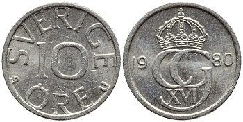 Швеция 10 эре 1980 Карл XVI Густав (1973- ) KM 850 медно-никель 4396-531