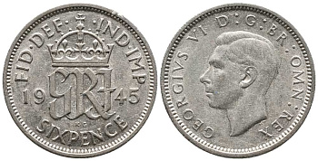 Великобритания 6 пенсов 1945 Георг VI (1936-1952) KM 852, Spink 4084 серебро  1518-521