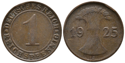 ГЕРМАНИЯ 1 РЕЙХСПФЕННИГ 1925 J KM 37, J. 313 бронза 39-912
