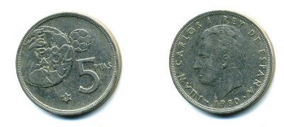 Испания 5 песет 1981 (80), Хуан Карлос , чемпионат мира по футболу, Испания 1982 KM 817 медно-никель 59-1735