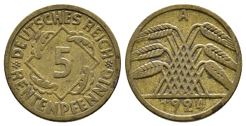 ГЕРМАНИЯ 5 РЕНТЕНПФЕННИГОВ 1924 A, KM 32, J. 308 алюминиевая бронза 4380-1013