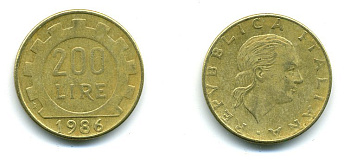 Италия 200 лир 1986 R, шестерня KM 105 алюминиевая бронза 25-927