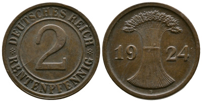 ГЕРМАНИЯ 2 РЕНТЕНПФЕННИГА 1924 D KM 31, J.307 бронза 86-1443