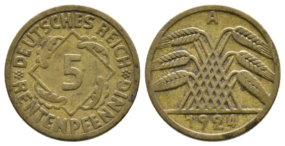 ГЕРМАНИЯ 5 РЕНТЕНПФЕННИГОВ 1924 A, KM 32, J. 308 алюминиевая бронза 4380-1013