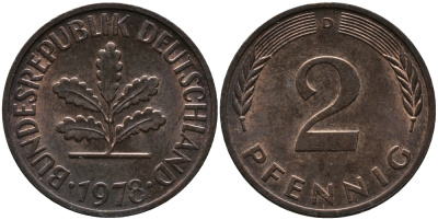 ФРГ 2 пфеннига 1978 D KM 106а, J.381а сталь плакированная медью 99-233