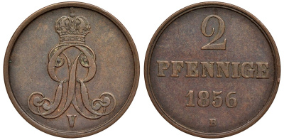 Брауншвейг-Каленберг-Ганновер 2 пфеннига 1856 B, Георг V (1851-1866) KM 217,  AKS 152, J. 84 медь 4142-154