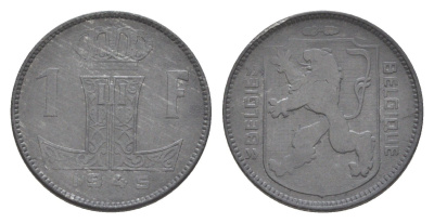 Бельгия 1 франк 1945 Belgique - Belgie, Леопольд III (1934-1947), германская оккупация, Вторая мировая война KM 128 цинк 4636-259