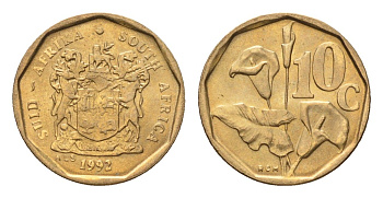 ЮАР 10 центов 1992 герб, цветок алоэ KM 135 сталь плакированная бронзой UNC 4694-646