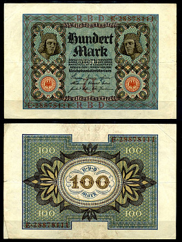 Германия 100 марок 1920 Бамбергский всадник, 8 цифр в номере, серия E, буква U Pick 69 b, Розенберг 67b бумага 8617-9-2-1