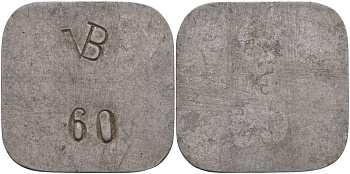 НИДЕРЛАНДЫ ЖЕТОН ND НА АВЕРСЕ НАДЧЕКАН VB 60, РАЗМЕР 34 Х 34 ММ. алюминий 97-714