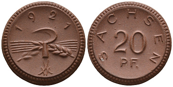 Саксония 20 пфеннигов 1921 колосья и серп J. N 53 фарфор UNC 1094-9-44