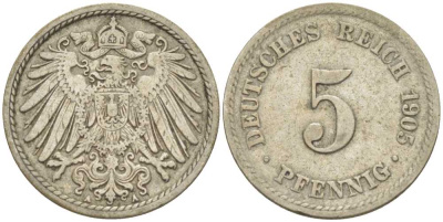 ГЕРМАНИЯ 5 ПФЕННИГОВ 1905 A KM 11, J. 12, Weege 6 медно-никель 206-938