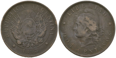 Аргентина 2 сентаво 1893 KM 33 бронза 92-142