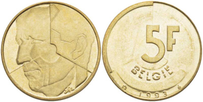 БЕЛЬГИЯ 5 ФРАНКОВ 1993 BELGIE, БОДУЭН I (1951-1993) KM 164 латунь или алюминиевая бронза 4364-1927