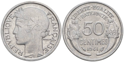 ФРАНЦИЯ 50 САНТИМОВ 1941 ТИП MORLON LOURDE KM 894.1a, LE FRANC 193.2 алюминий 44-246