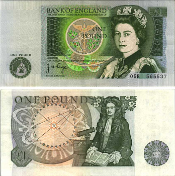 Англия 1 фунт ND (1978-1984) сэр Исаак Ньютон, зеленая подпись J.B. Page Pick 377 а  бумага  00-00