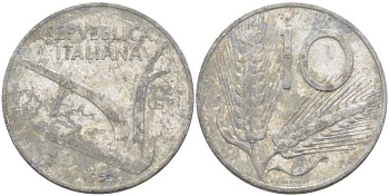 ИТАЛИЯ 10 ЛИР 195Х R, ПЛУГ, КОЛОСЬЯ KM 93 алюминий 175-433