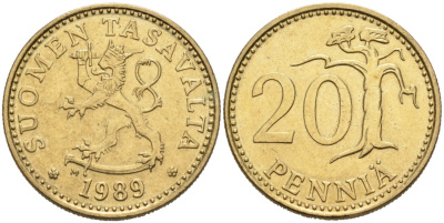 ФИНЛЯНДИЯ 20 ПЕННИ 1989 M KM 47 алюминиевая бронза 4563-342