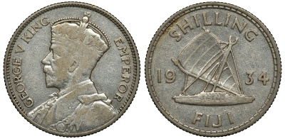 Фиджи 1 шиллинг 1934 Георг V (1910-1936), парусник KM 4 серебро 91-941