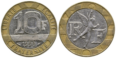 Франция 10 франков 1990 тип Гений Бастилии KM 964.1, Le Frank 375.5 биметалл 51-4724