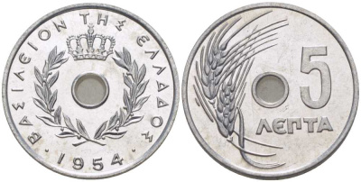 Греция 5 лепта 1954 Павел I (1947-1964), колосья KM 77 алюминий UNC M48-19