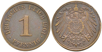 ГЕРМАНИЯ 1 ПФЕННИГ 1901 J KM 10, Jager. 10, Weege 2 медь 4528-1211