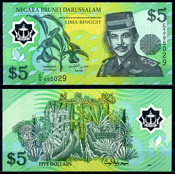 Бруней 5 ринггитов 2002 султан Хассанал Болкиах I (1967-) Pick 23 пластик UNC (пресс) 000-00-00