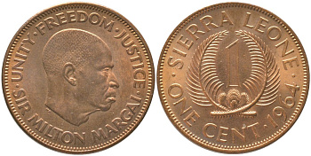 Сьерра-Леоне 1 цент 1964 Милтон Маргаи KM 17 бронза UNC 73-311