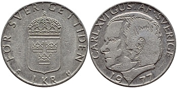 Швеция 1 крона 1977 Карл XVI Густав (1973- ) KM 852 медь плакированная медно-никелем 4397-836