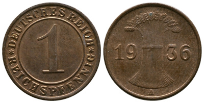 Германия 1 рейхспфенниг 1936 A KM 37, J. 313 бронза 4220-142