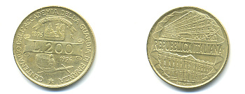 Италия 200 лир 1996 R, 100 лет Академии таможенной службы KM 184 алюминиевая бронза 89-731