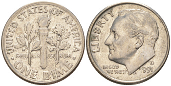 США 10 ЦЕНТОВ = 1 ДАЙМ 1991 D, РУЗВЕЛЬТ KM 195a медь плакированная медно-никелем 187-1066