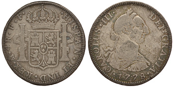 Мексика 4 реала 1778 FF, монетный двор Mo (Мехико Сити), Карл III Испанский, красивая золотисто-голубая патина KM 97.2 серебро 00-802-09