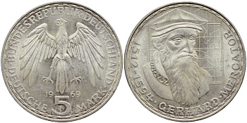ФРГ 5 марок 1969 F, 375 лет со дня смерти Герарда Меркатора J. 400, KM 126.1 серебро 87-1025