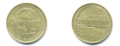 Италия 200 лир 1996 R, 100 лет Академии таможенной службы KM 184 алюминиевая бронза 89-731