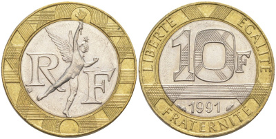 Франция 10 франков 1991 тип гений Бастилии KM 964.1, Le Frank 375.6 биметалл 4519-322