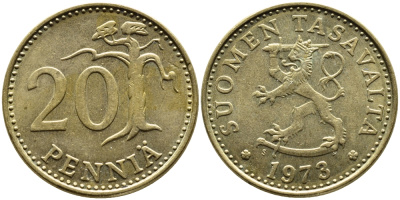 ФИНЛЯНДИЯ 20 ПЕННИ 1973 S KM 47 алюминиевая бронза 4385-325