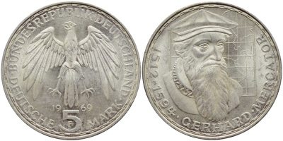 ФРГ 5 марок 1969 F, 375 лет со дня смерти Герарда Меркатора J. 400, KM 126.1 серебро 87-1025